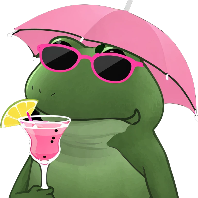 bufo frog with an umbrella hat, wearing sunglasses, holding a pink cocktail emoji
