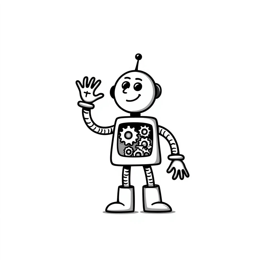 Hand-drawn robot with mechanical arms and gears emoji