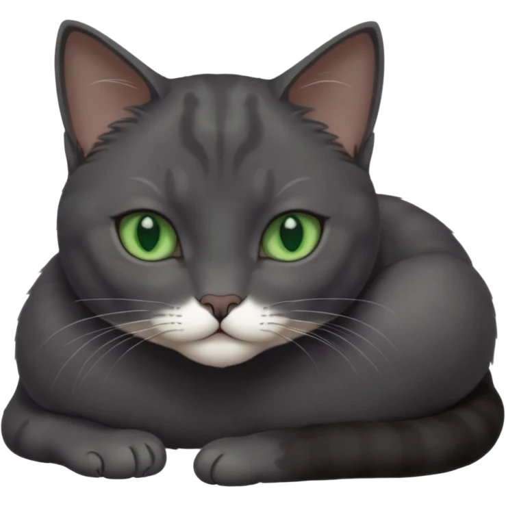 beautiful female solid dark grey cat with green eyes, white toes/paws and white patch on her chest lying down emoji
