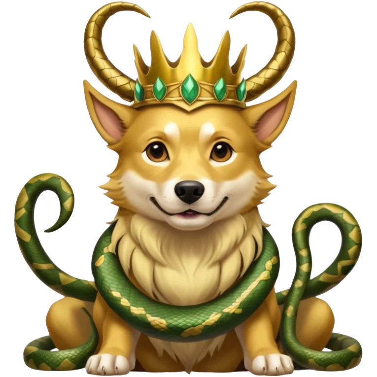 loki god of mischief as a dog. he as snakes. he wears a horned crown as the god himself.  dynamic pose emoji