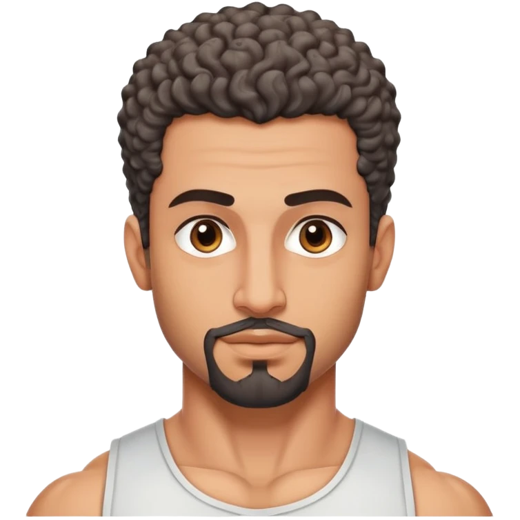 Arabischer hübscher mann mit muskeln, kurze haare locken mit seiten auf null und ziegenbart und modern emoji