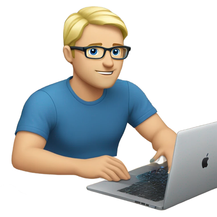 man looks 35 classes, european, tech nerd love , blue shirt blond short hair, blue eyes with specs behind macbook on with electronics pcb on the desk emoji
