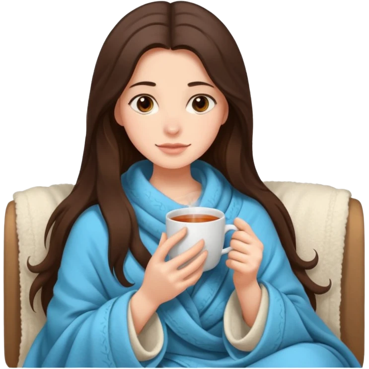 brunnette girl with long hair snuggled up in a blanket and holding a hot tea in her hands emoji