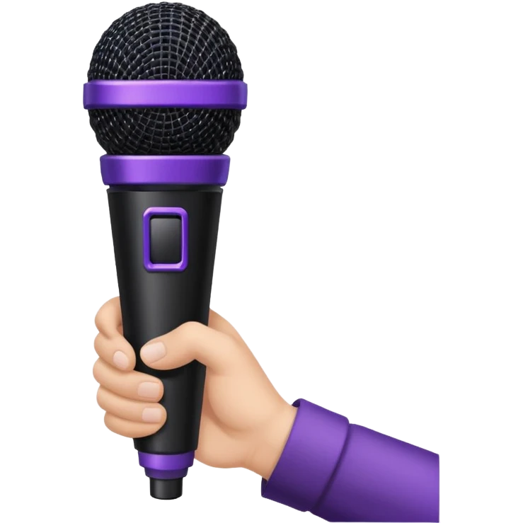 hand holding black stage microphone with purple strip on bottom emoji