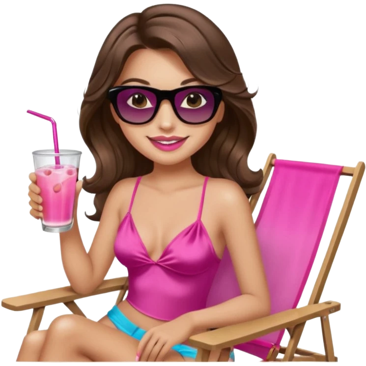 girl with long wavy brown hair, brown eyes, long lashes makeup, sexy pink lips, smiling, light to medium complexion, wearing a pink sexy silk top, relaxing in a beach chair, wearing black sunglasses, holding a drink, palm trees beach background  emoji