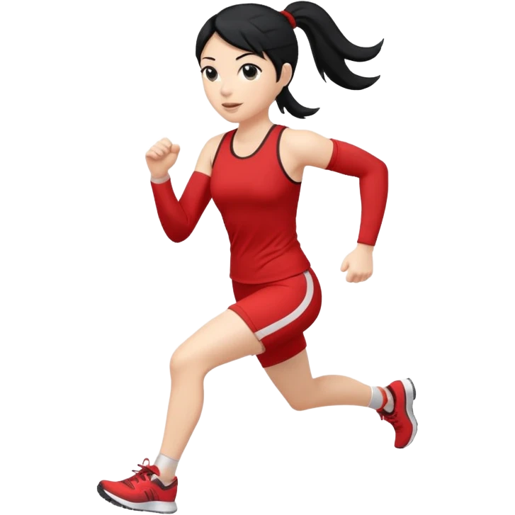 Full body showing White woman running forward to the camera black hair on a ponytail emoji