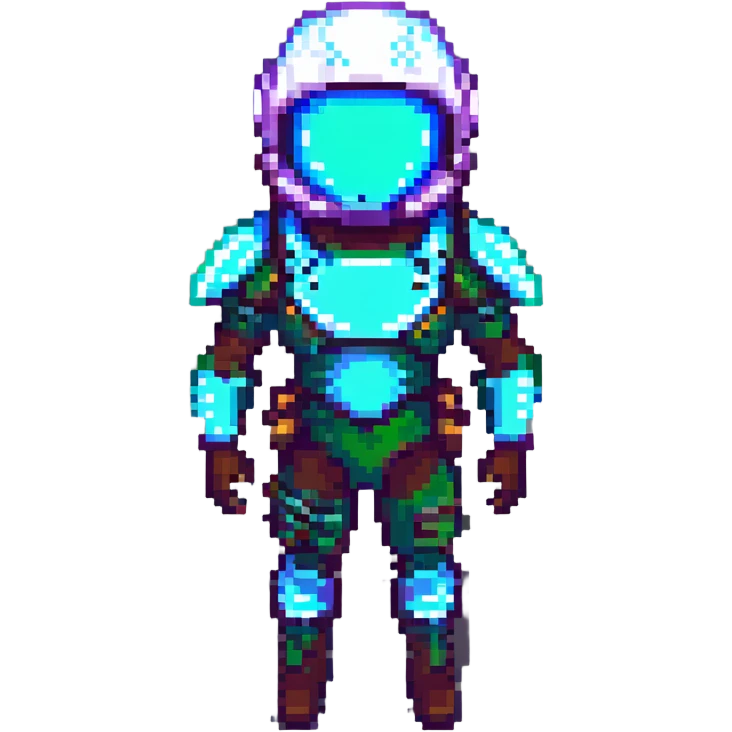 pixel art Fortnite skin with sci-fi theme, glowing accents, stylized helmet emoji