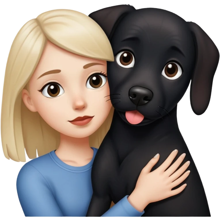 A white girl hugs a black dog with a little white on the corner of its mouth emoji