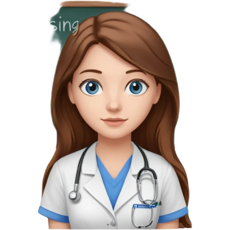 university classroom that says nursing school on the blackboard with a pretty female nursing student with long brown hair, blue eyes emoji