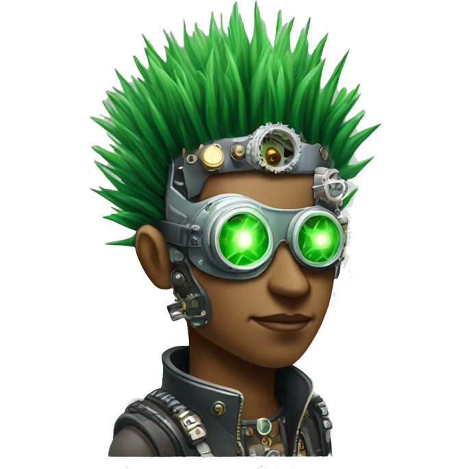 Green Mohawk hair male cyborg head with white steampunk goggles and circuits emoji