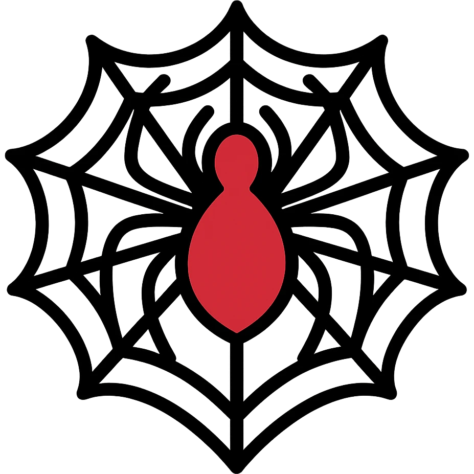 Spiderman logo featuring a web motif and stylized spider, graphic design, colored in red and black, no background, bold and clear lines. emoji