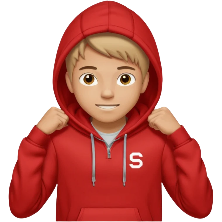 make me an emoji of an americain 19 yearold boy in a red hoodie that says "south" on it and give him with tan skin with his hands in his hands in his pocket wth a small smile flexing his muscles with his hood on emoji
