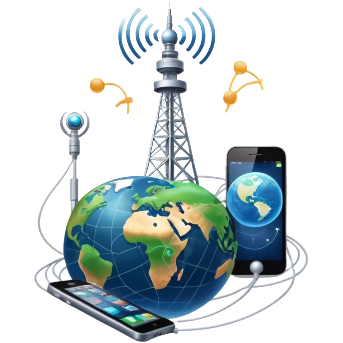 An icon featuring a communication tower with signal waves, satellites in orbit, and fiber optic cables. The design includes a smartphone and an earth with connection lines, symbolizing global communication networks. Transparent background  emoji