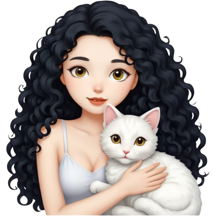 Beautiful sexy girl with long black curly hair hugging a white cat emoji
