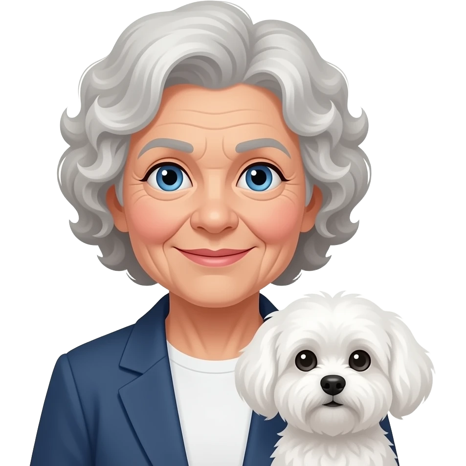 Elder woman curly hair blue eyes standig with a white Maltese dog emoji