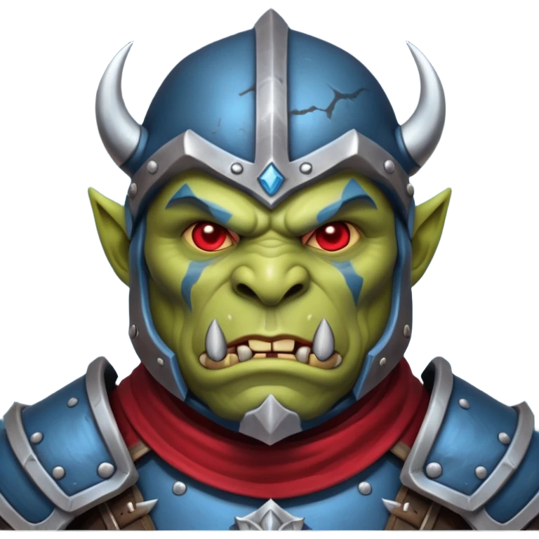 Fantasy Christmas orc legion soldier icon, iron tundra army theme, heavy winter armor, disciplined brutal look, dark icy steel armor with bold crimson cloth and markings, cold blue shadows, high contrast, clean emoji portrait style
 emoji