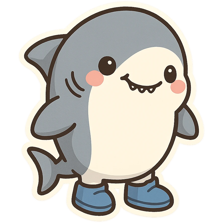 smiling shark with blue shoes, simple and friendly emoji