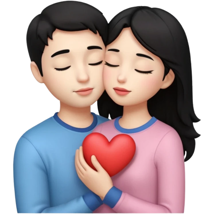 “Cute 3D emoji of a romantic couple with black hair, the boy slightly taller, gently holding the girl in his arms and kissing her lips, soft blush, eyes closed, small glowing heart above them, warm romantic vibe, pastel tones, smooth lighting, sticker style, transparent background.” emoji