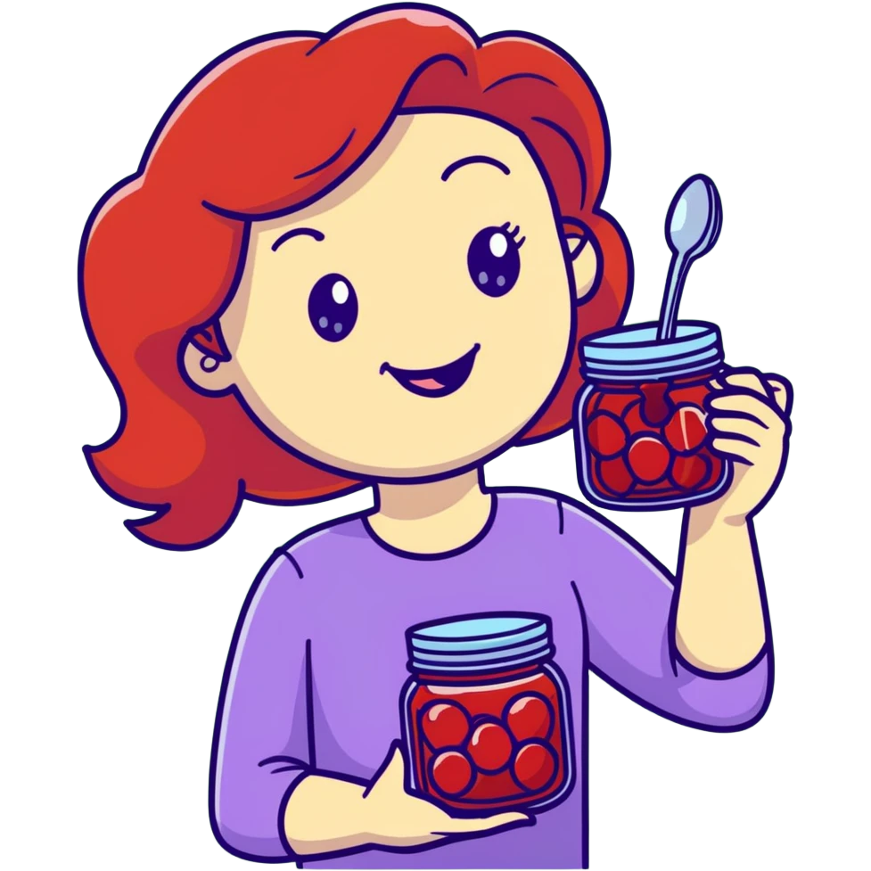 redhead woman with big smile holding a glass jar with jam in one hand and a little spoon with jam in other hand emoji