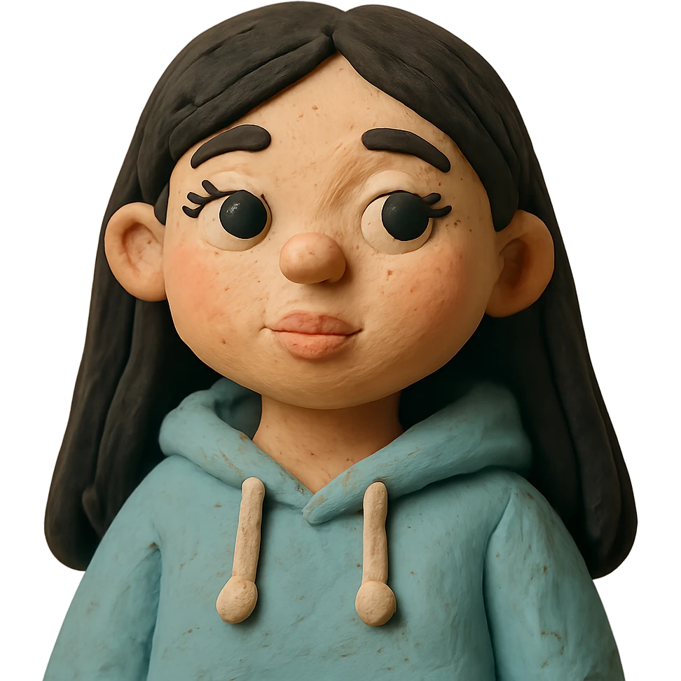 light skinned girl with round, slightly upturned brown eyes with long lashes, medium sized full blush colored lips, slightly chubby cheeks, long straight black hair, wearing a soft hoodie emoji