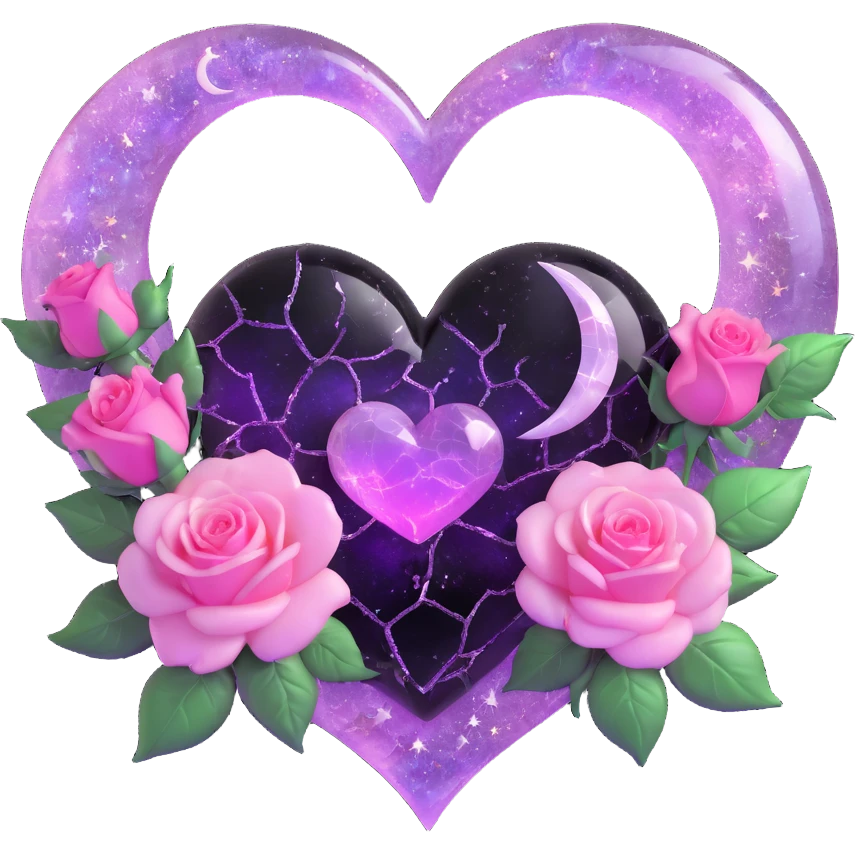 gothic heart made of rose quartz glass, silver crescent moon, pink roses, holographic stardust, neon purple lightning, wet and cracked glass emoji