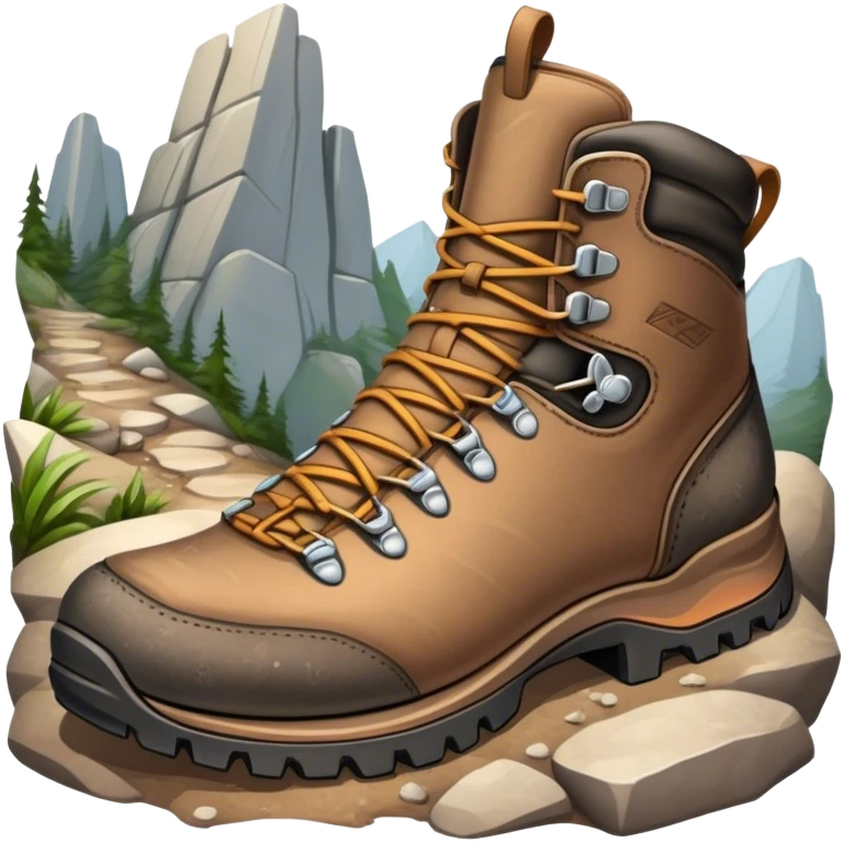Cinematic Realistic Hiking Boots, well-worn leather boots resting on a rocky trail, scuffed edges and dirt-speckled laces adding character, glowing softly under the dappled sunlight filtering through the trees. emoji