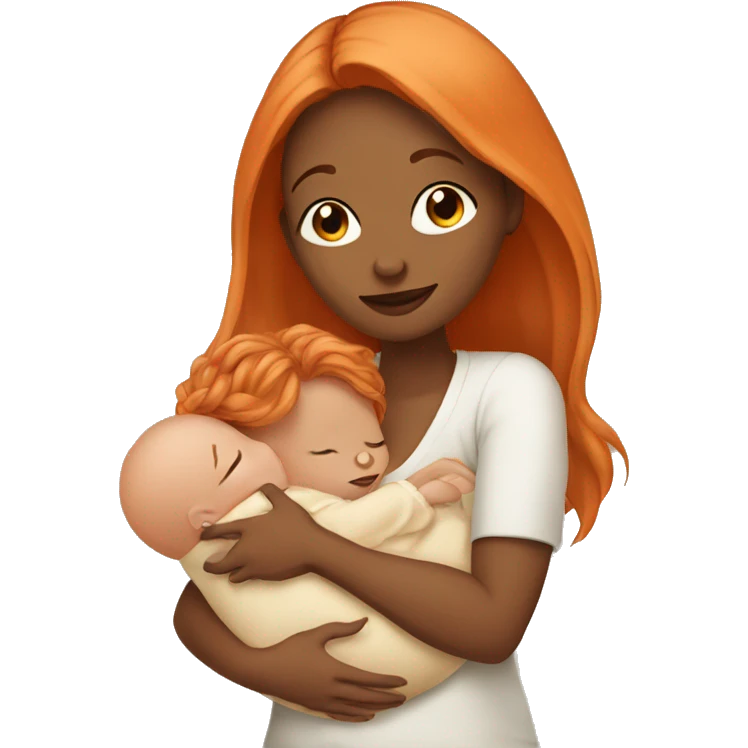 Tan girl with long orange hair holding newborn baby in arms emoji