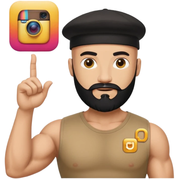 Muscular bald man with black beard wearing cap, holding giant Instagram logo, golden "500" floating above, minimal emoji style, white background emoji