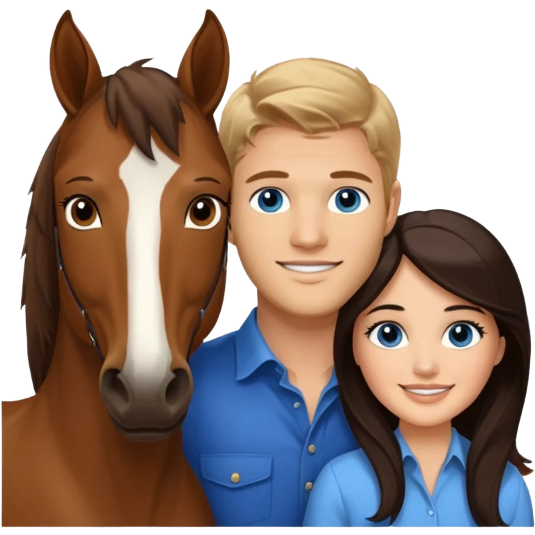 Smiling blue eyed trevor donovan with smiling BROWN eyed danica mckellan and one brown horse emoji