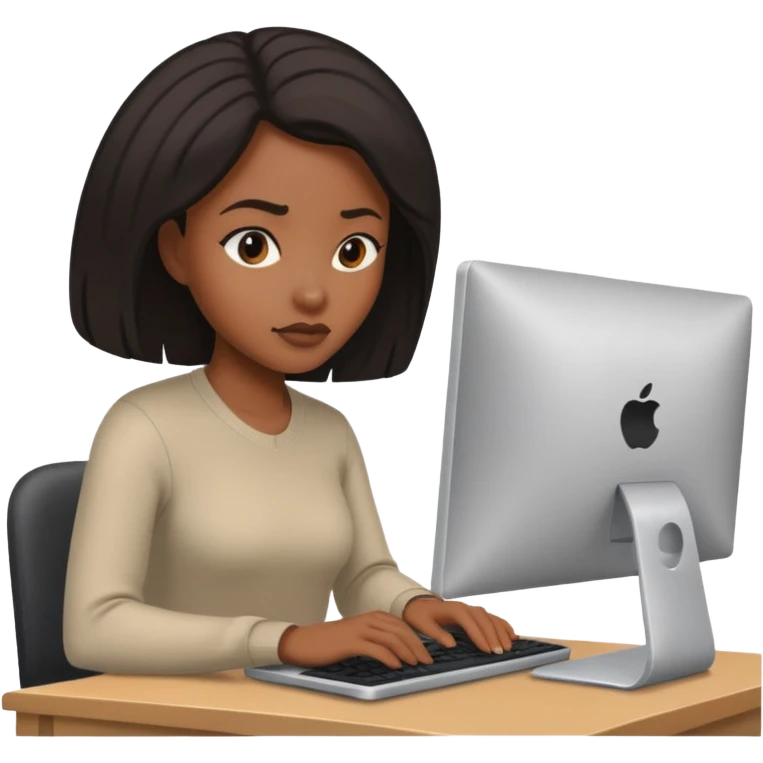 black woman working on a computer, hiding behing her computer, no brand on the computer, focused on the screen emoji