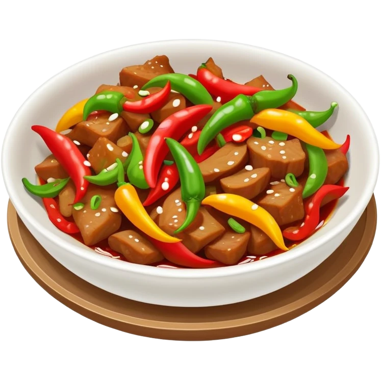 Hunan spicy stir-fried pork with colorful peppers, simplified emoji style with bold outlines and bright colors, cartoon style Chinese spicy dish emoji