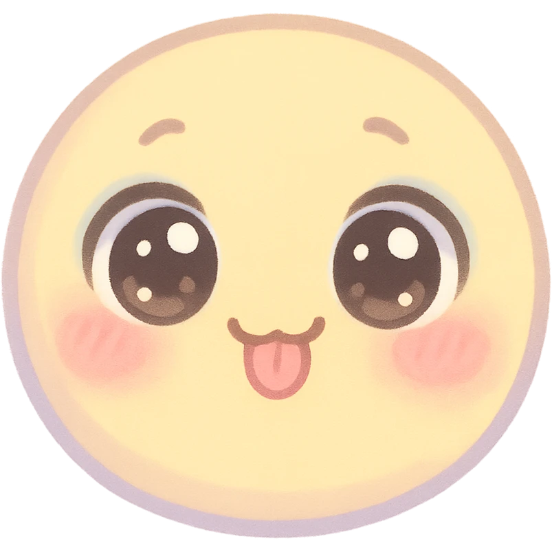 cute emoji, round face, big sparkling eyes, tiny tongue sticking out, playful, pastel colors emoji