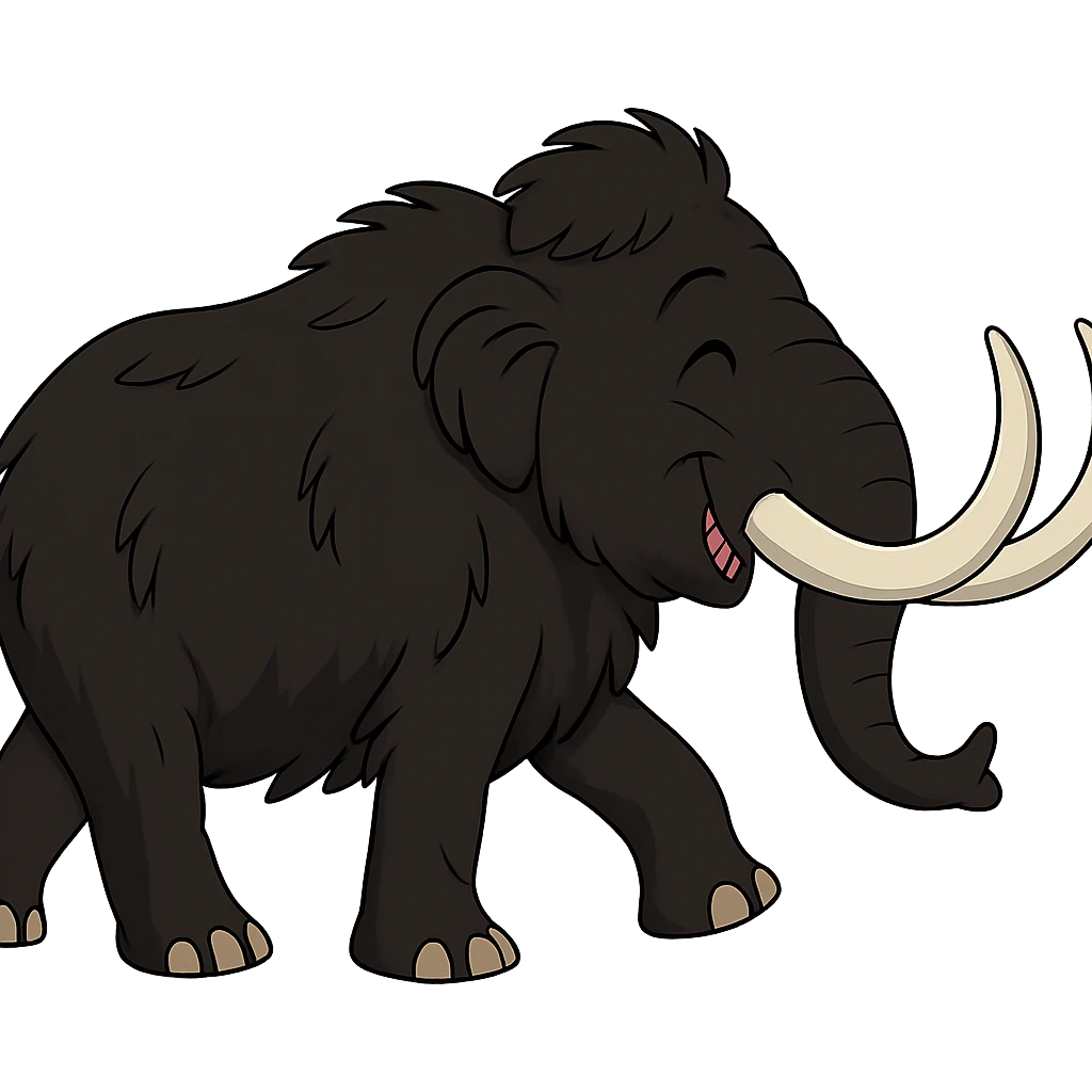 profile side view of a happy wooly mammoth with black fur and two white tusks, walking, cartoon style, no background emoji