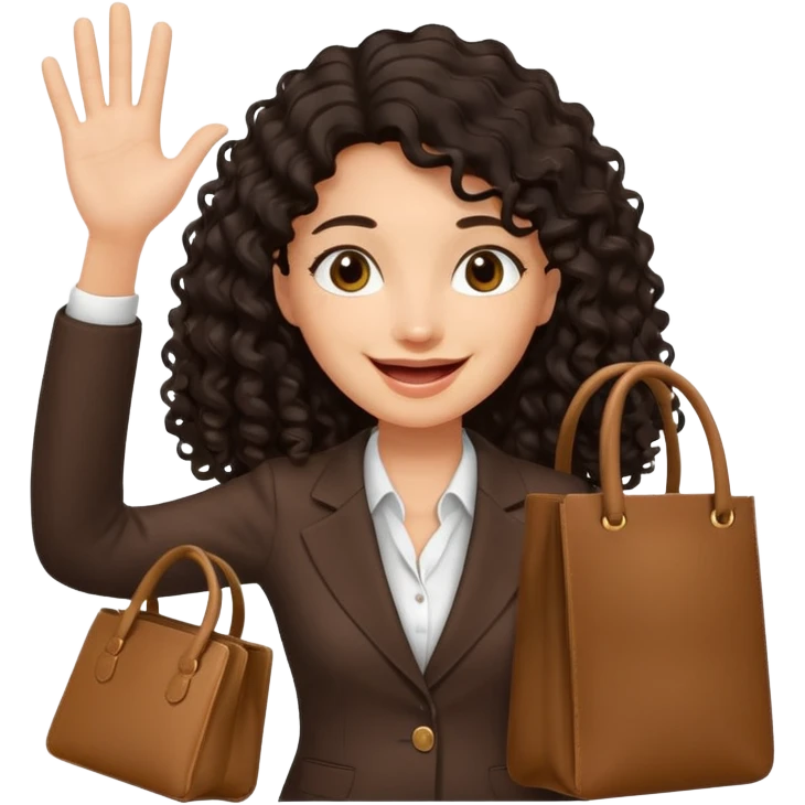 medium deep tan brown business woman with long black curly hair, waving hand with happy face with smile mouth and carrying bag on her shoulder emoji
