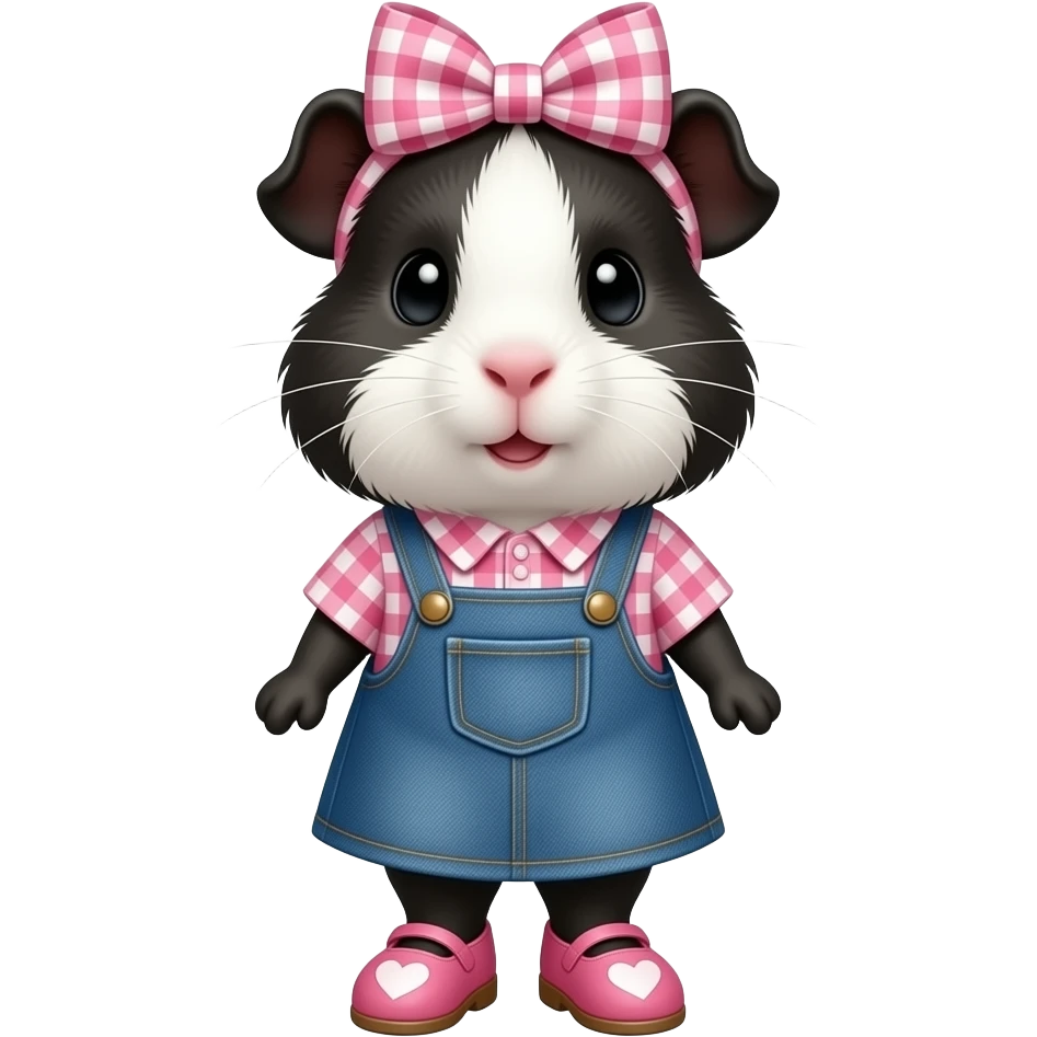 perruvian black and white guinea pig in pink gingham shirt with a jean dress, pink shoes with hearts and a pink gingham bow in hair emoji