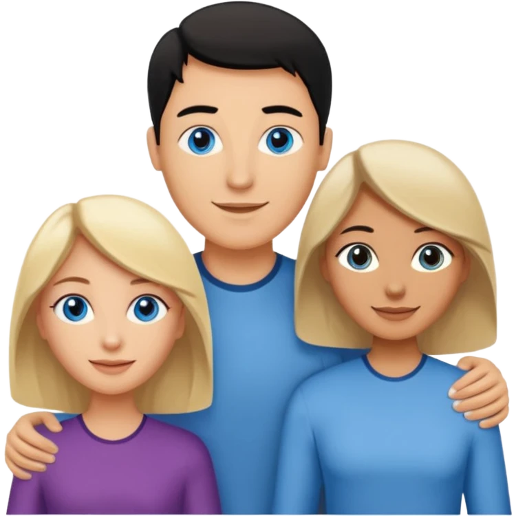 Blond woman blue eyes on left. Man with black hair and greye eye in the middle. Brown hair woman with greye eyes on the right. Happy together emoji