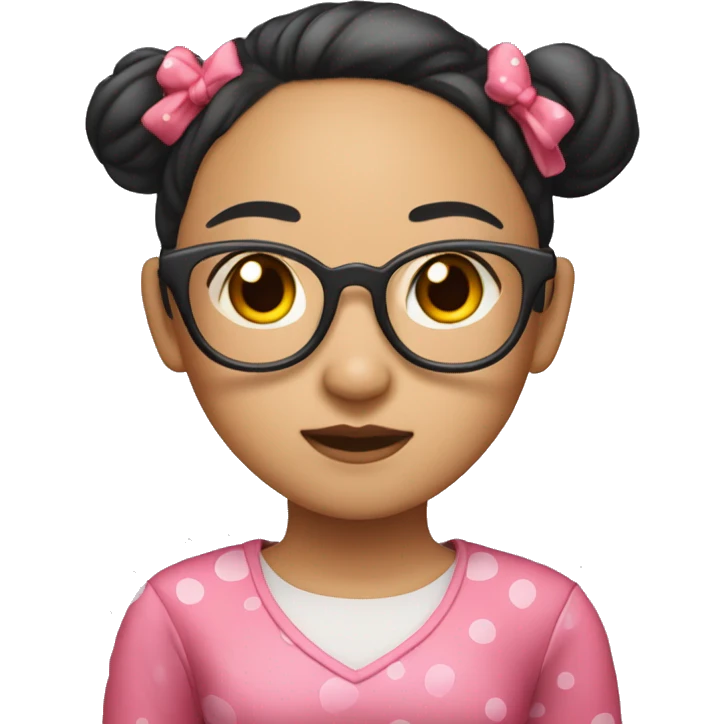 "An Asian girl with her hair styled in two side buns, wearing glasses, dressed in a pink dress, and with red spots on her face." emoji