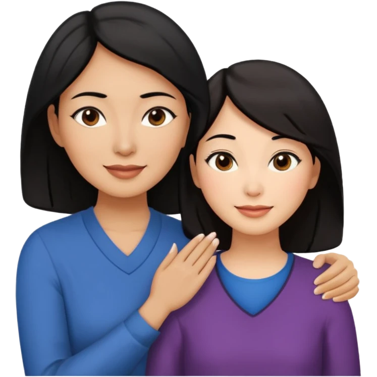 Middle aged brown woman with black hair, beside a middle aged asian woman with dark brown hair touching their cheek emoji