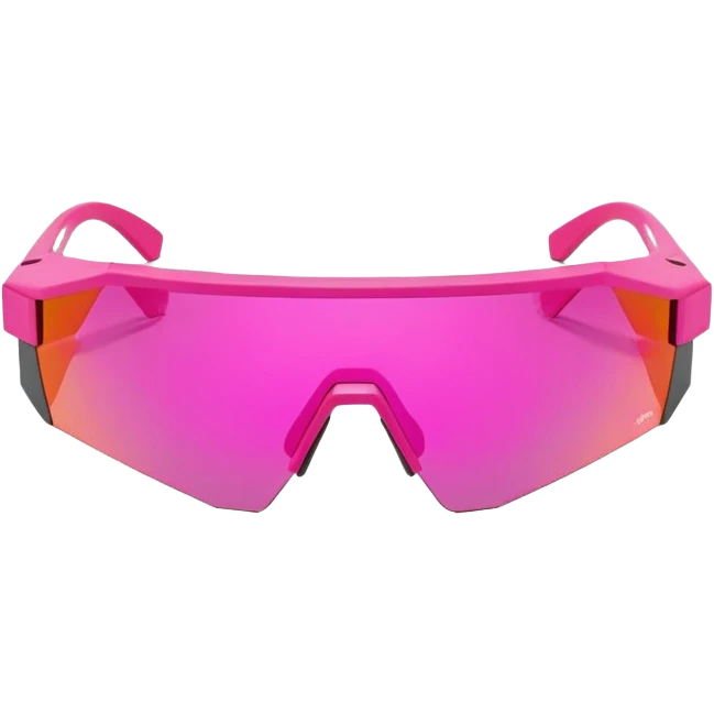 sporty hot pink shield visor sunglasses with thick angular frame, geometric chunky design, substantial build, one-piece lens emoji