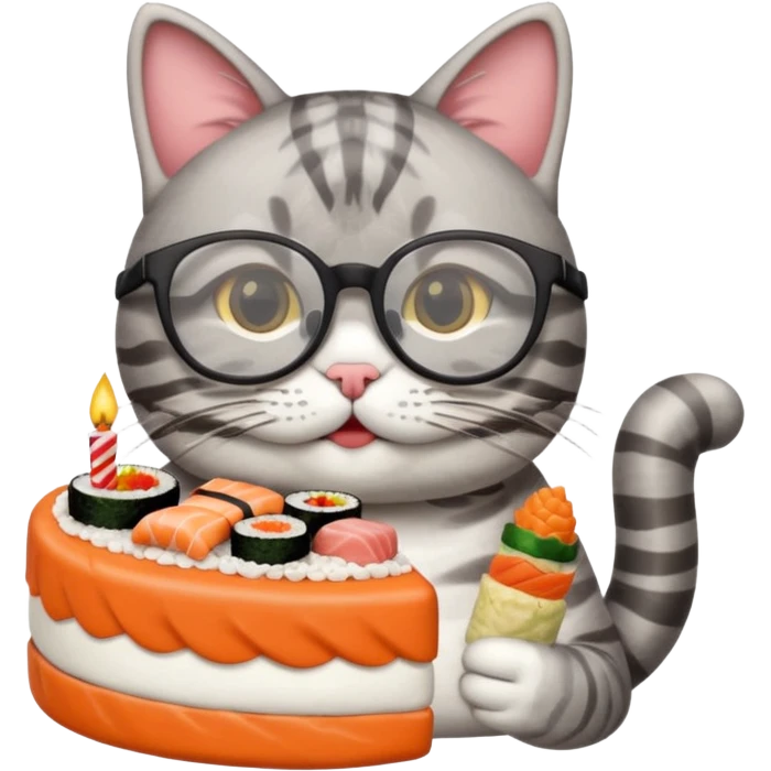 cat with cool glasses eating a birthday cake made out of sushi emoji