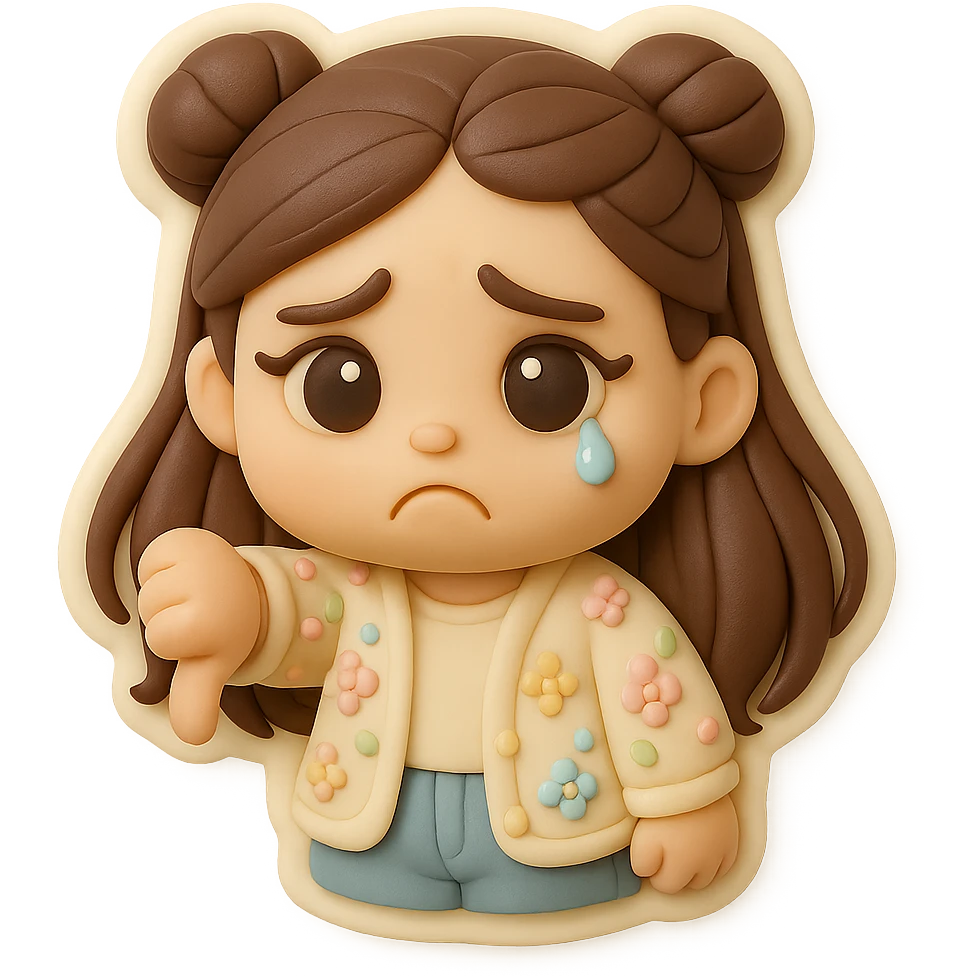3D chibi fondant cake art style, high-quality rendering with smooth shadows and soft gradients. Girl based on reference image with long brown hair in two space buns, brown eyes, jeans, pastel floral cardigan, thick white outline like a sticker, transparent background. Thumbs down, disappointed expression. Ensure the face and hairstyle match the reference exactly. emoji