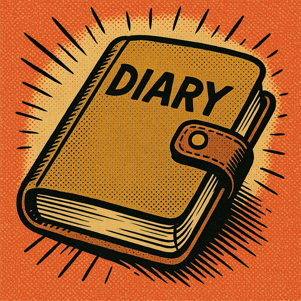 a diary, old school comic book style, halftone shading emoji