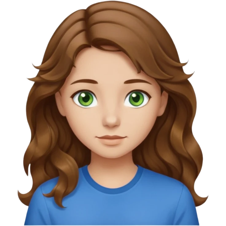 girl with brown hair, green eyes with a blue shirt no background ,young with wavy hair long brown hair with tiny blonde highlights emoji