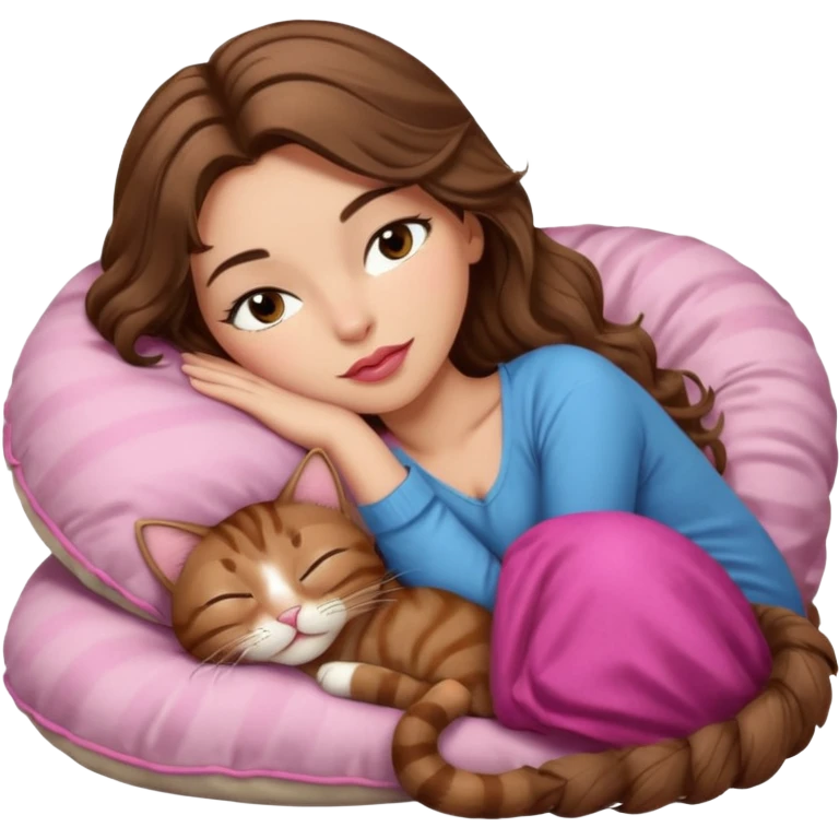 girl with long wavy brown hair, brown eyes, long lashes makeup, sexy pink lips, light to medium complexion,  sleeping on a cozy pillow, with brown tabby cat, sleeping emoji