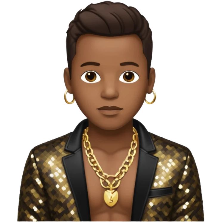 Bobby Brown with dark brown hair, black sequin jacket, shirtless with necklace emoji