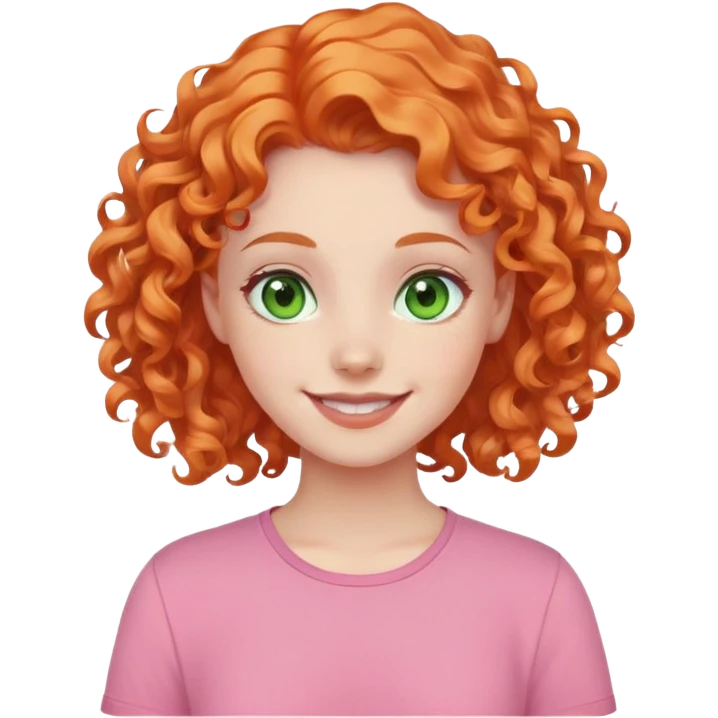 smiling pale girl with curly orange hair, green eyes, pink shirt emoji