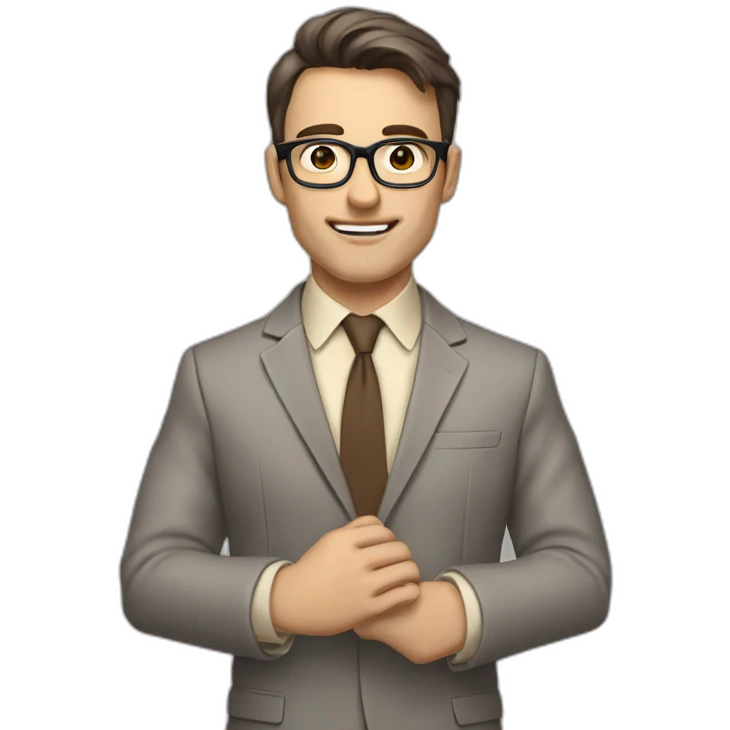 To belt Actively gesturing with hands Pale skinned fit man with dark brown hair in gray jacket, beige office shirt, brown tie, brown pants and vintage glasses. emoji