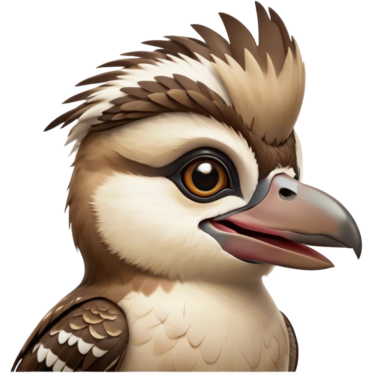 Cinematic Comical Kookaburra Portrait Emoji, Head tilted dramatically with an exaggeratedly amused expression, featuring a strikingly patterned brown and cream plumage with wide, expressive eyes filled with playful disbelief, Simplified yet hilariously expressive features, highly detailed, glowing with a slightly sassy glow, high shine, dramatic yet playful, stylized with an air of cheeky bushland mischief, bright and endearing, soft glowing outline, capturing the essence of a spirited and over‐the‐top kookaburra, so meme‐worthy it feels like it could cackle its way into internet fame instantly! emoji