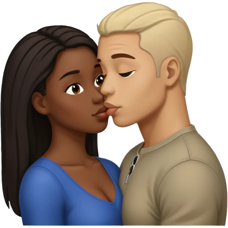 A black woman with a light skin man kissing  emoji