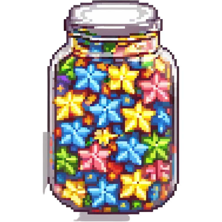 a glass jar filled with colorful origami lucky stars emoji